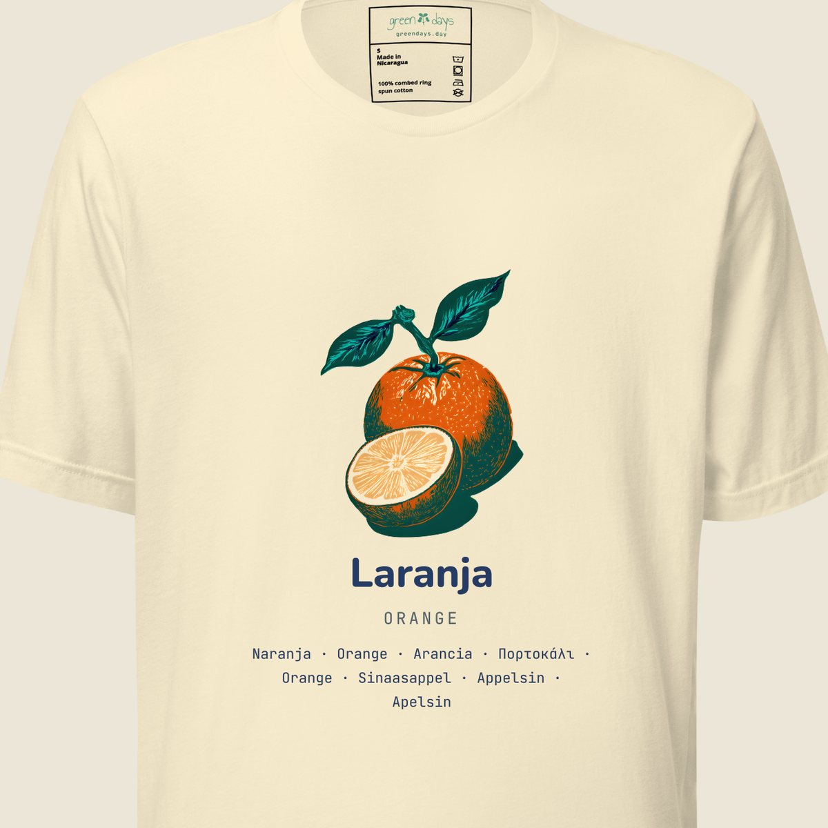 The Laranja shirt, Portuguese run: an orange, the name Laranja, and the same fruit named in eight more languages.